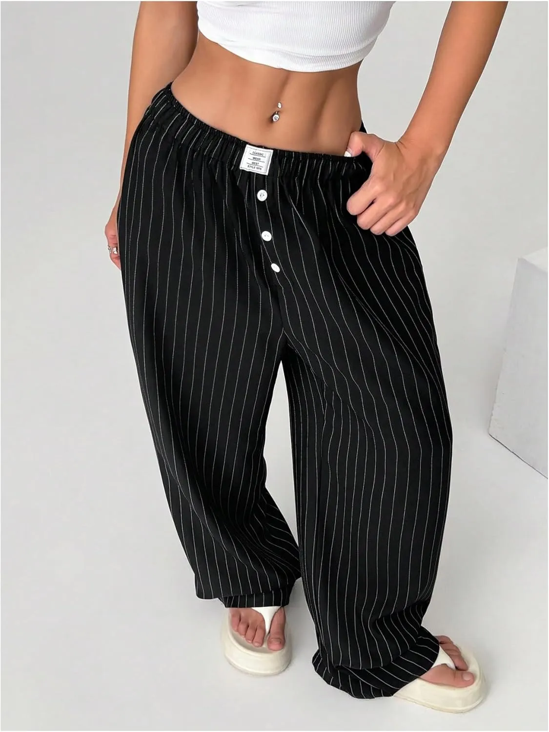 Floerns Women's Striped Elastic Waist Baggy Wide Leg Pants Button Street Long Pants