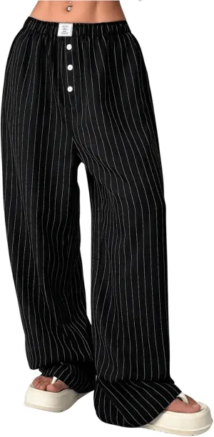 Floerns Women's Striped Elastic Waist Baggy Wide Leg Pants Button Street Long Pants