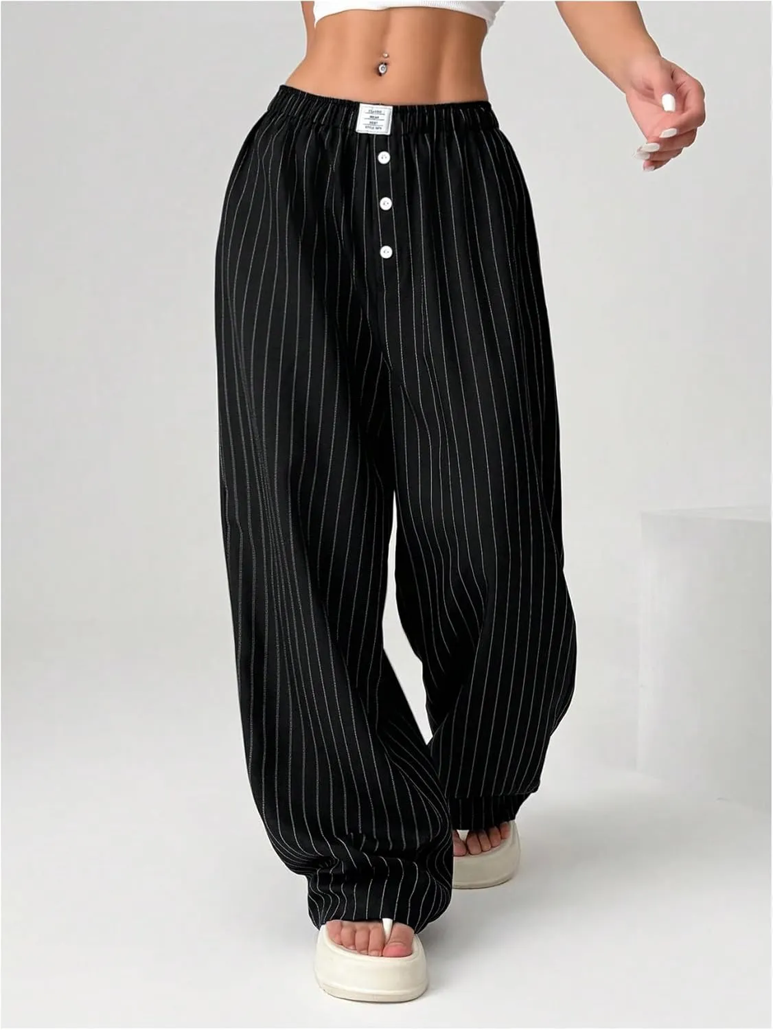 Floerns Women's Striped Elastic Waist Baggy Wide Leg Pants Button Street Long Pants
