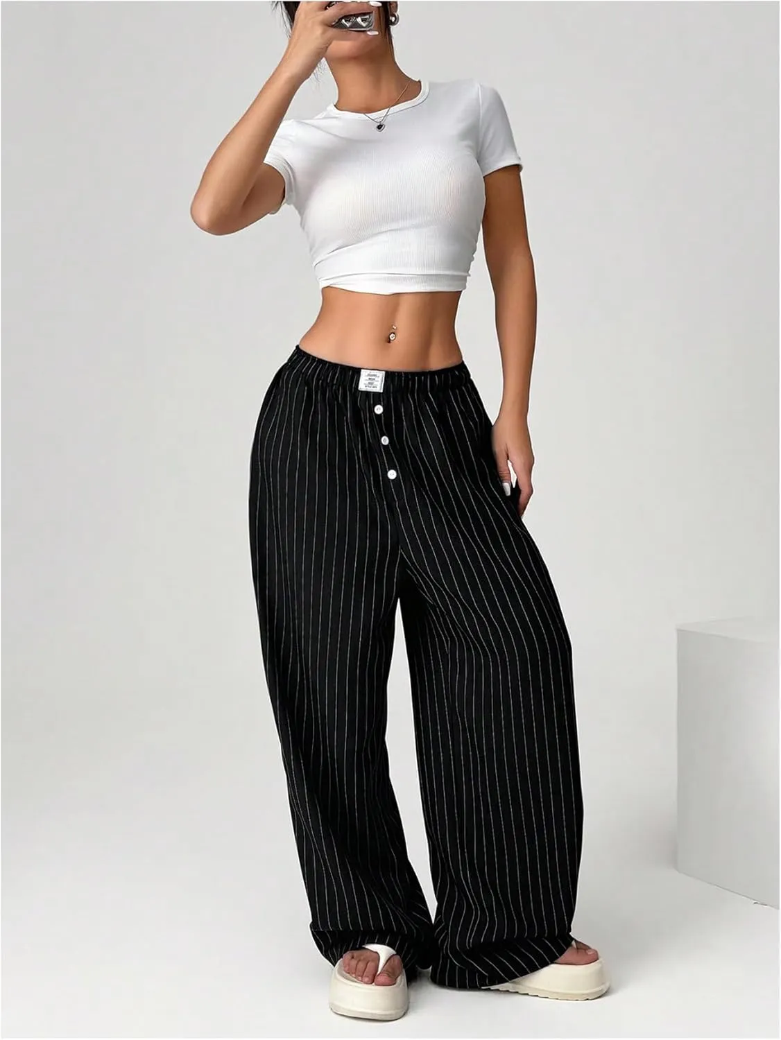 Floerns Women's Striped Elastic Waist Baggy Wide Leg Pants Button Street Long Pants