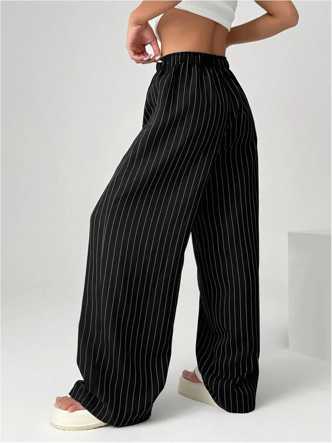 Floerns Women's Striped Elastic Waist Baggy Wide Leg Pants Button Street Long Pants