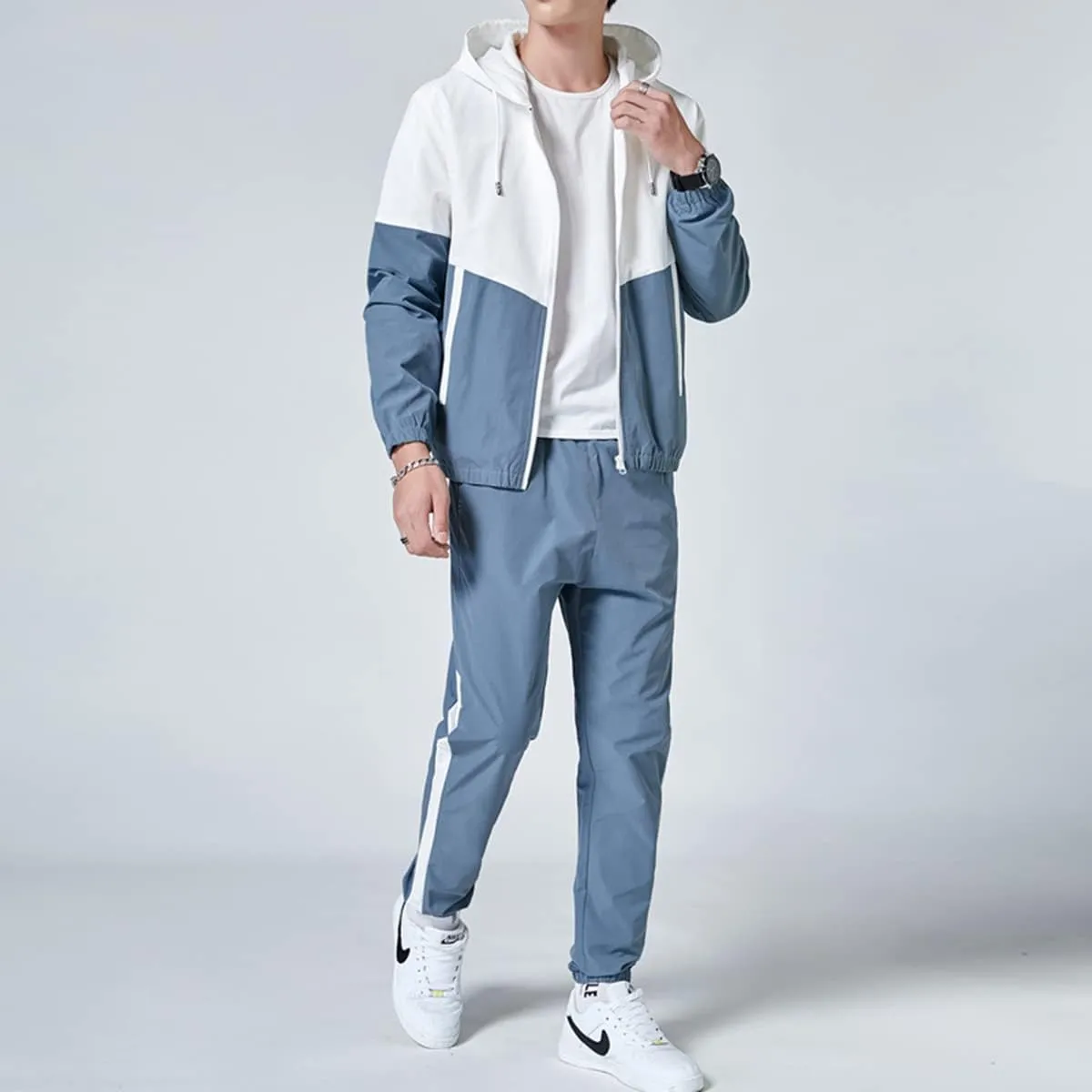 Floette Men Retro Windbreaker Track Suit Track Jacket Track Pant Athletic Hip Hop Windproof Sweat Suit