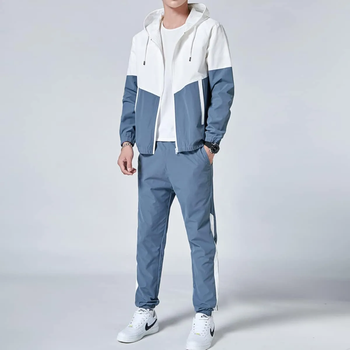 Floette Men Retro Windbreaker Track Suit Track Jacket Track Pant Athletic Hip Hop Windproof Sweat Suit