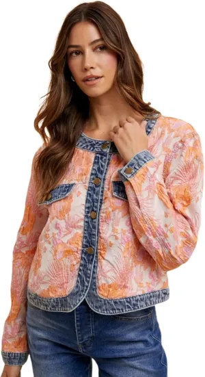 Floral Jacquard Denim Contrast Button Down Jacket, Coral combo