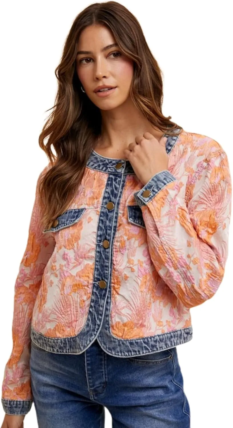 Floral Jacquard Denim Contrast Button Down Jacket, Coral combo