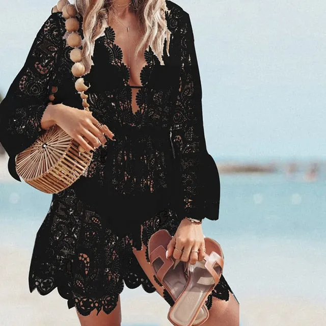 Floral Lace Hollow Crochet Swimsuit Cover-Ups