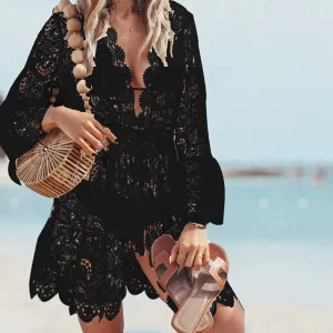 Floral Lace Hollow Crochet Swimsuit Cover-Ups
