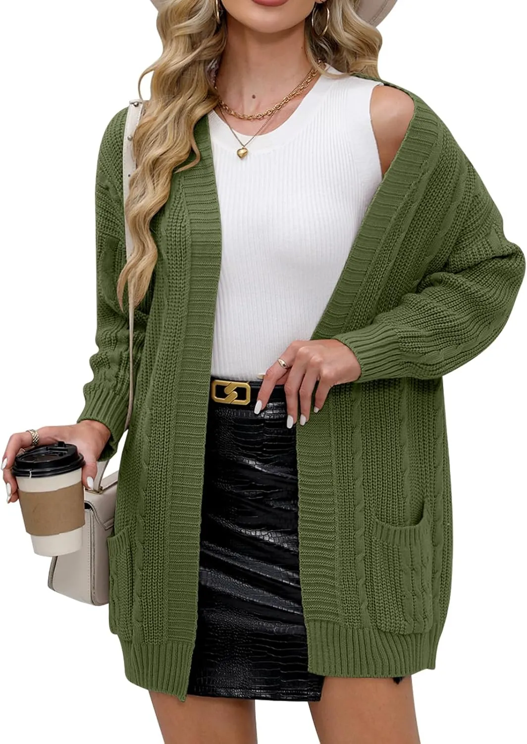 For G and PL Women's V-Neck Long Sleeve Cardigan Cable Knit Open Front with Pockets Sweater Outerwear