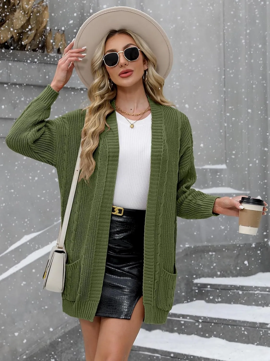 For G and PL Women's V-Neck Long Sleeve Cardigan Cable Knit Open Front with Pockets Sweater Outerwear