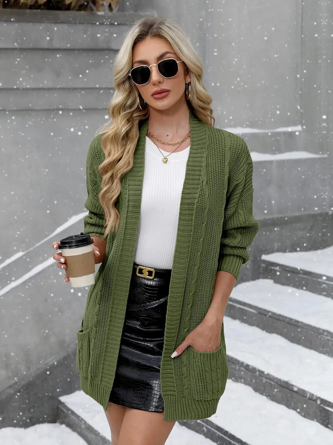 For G and PL Women's V-Neck Long Sleeve Cardigan Cable Knit Open Front with Pockets Sweater Outerwear