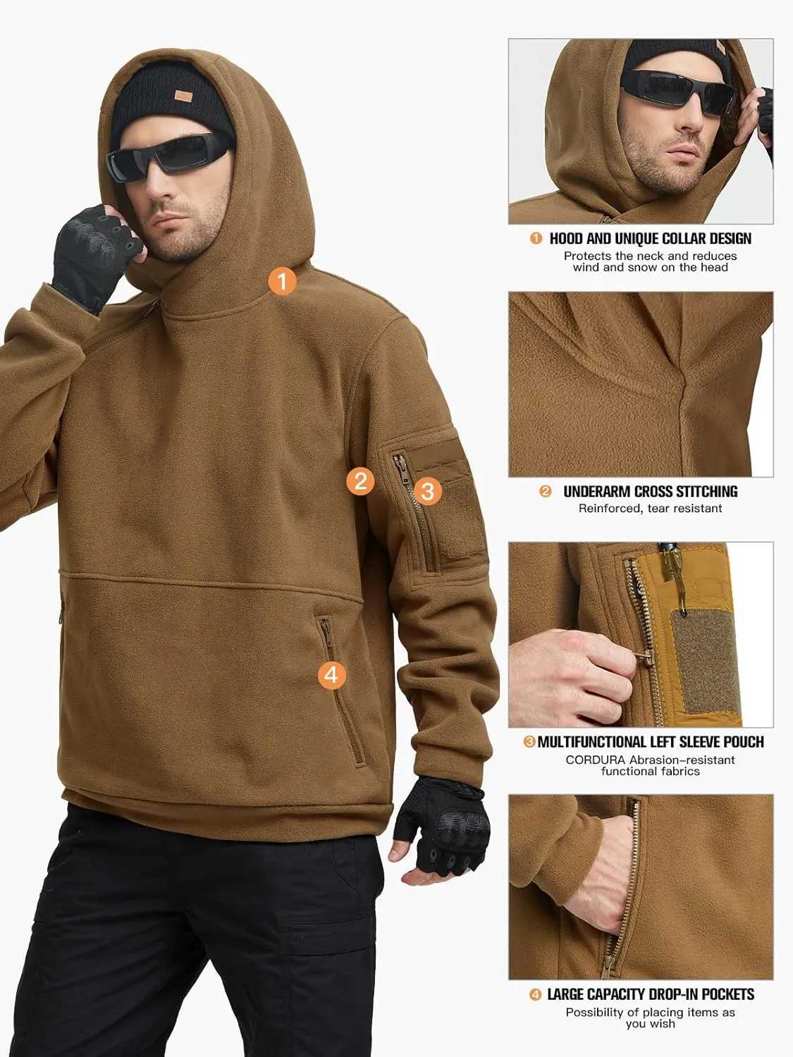 FREE SOLDIER Men's Tactical Winter Fleece Pullover Hoodie Warm Long Fleece lined Hooded Sweatshirt