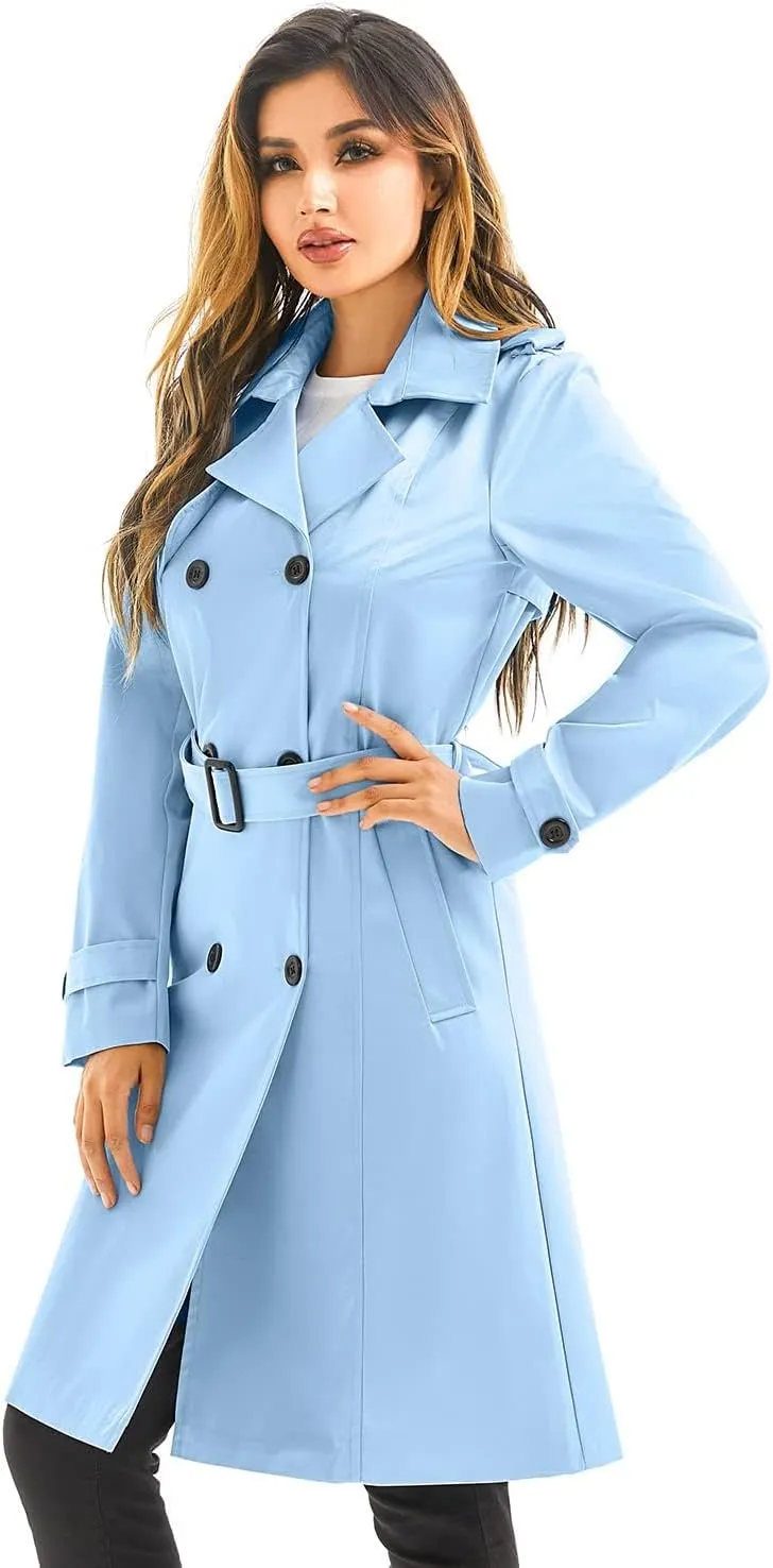Garemcy Women's Long Waterproof Trench Coat Double Breasted Classic Lapel Coat Belted with Detachable Hood
