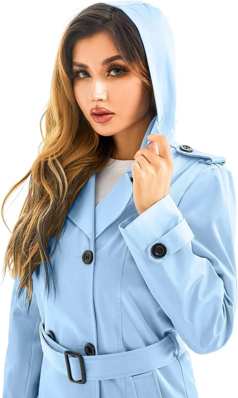 Garemcy Women's Long Waterproof Trench Coat Double Breasted Classic Lapel Coat Belted with Detachable Hood