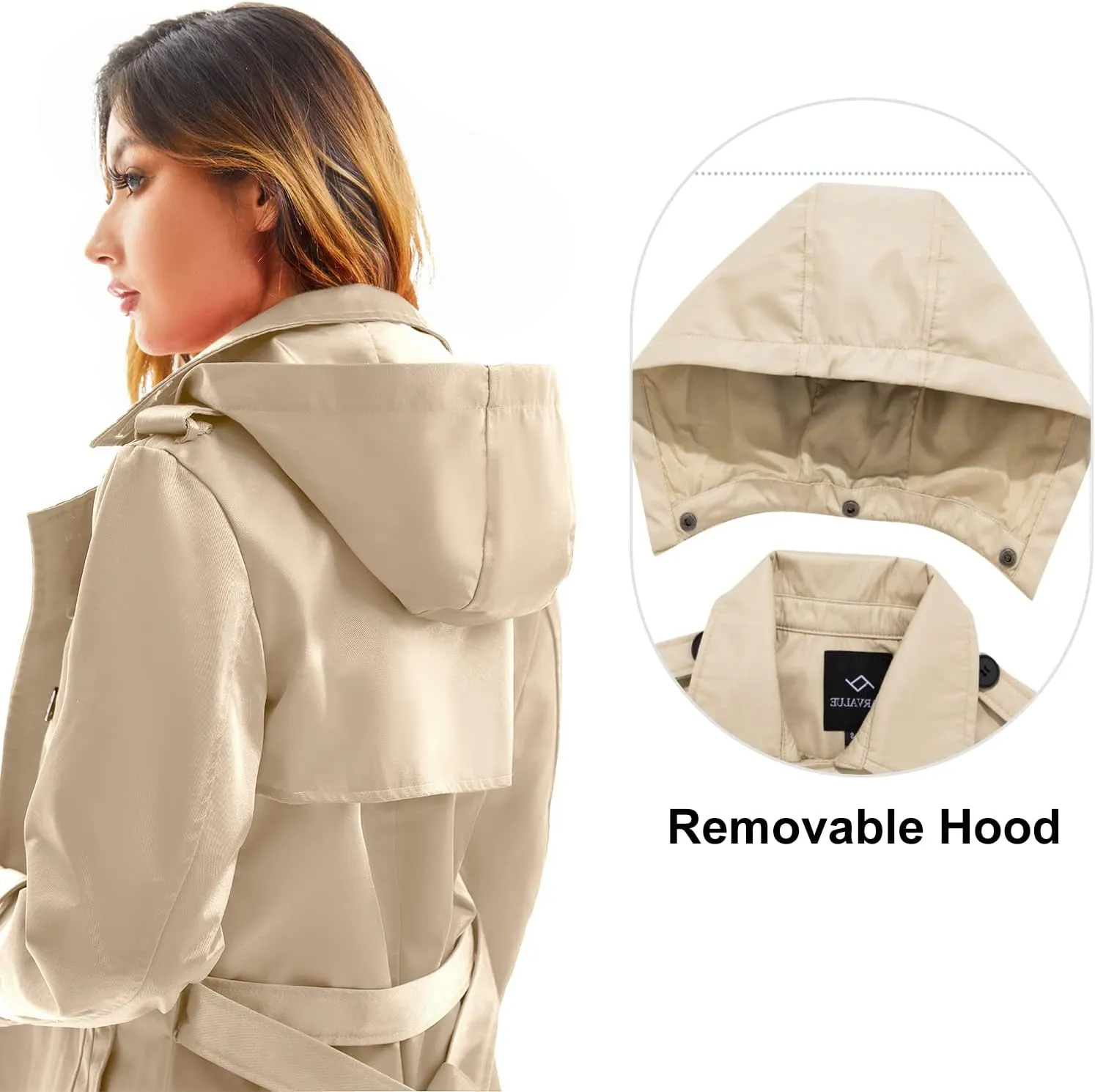 Garemcy Women's Long Waterproof Trench Coat Double Breasted Classic Lapel Coat Belted with Detachable Hood