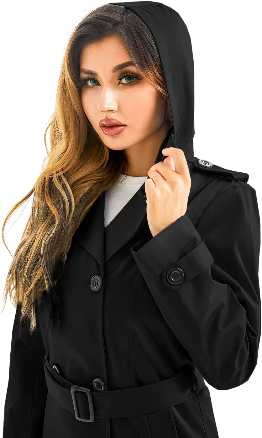 Garemcy Women's Long Waterproof Trench Coat Double Breasted Classic Lapel Coat Belted with Detachable Hood