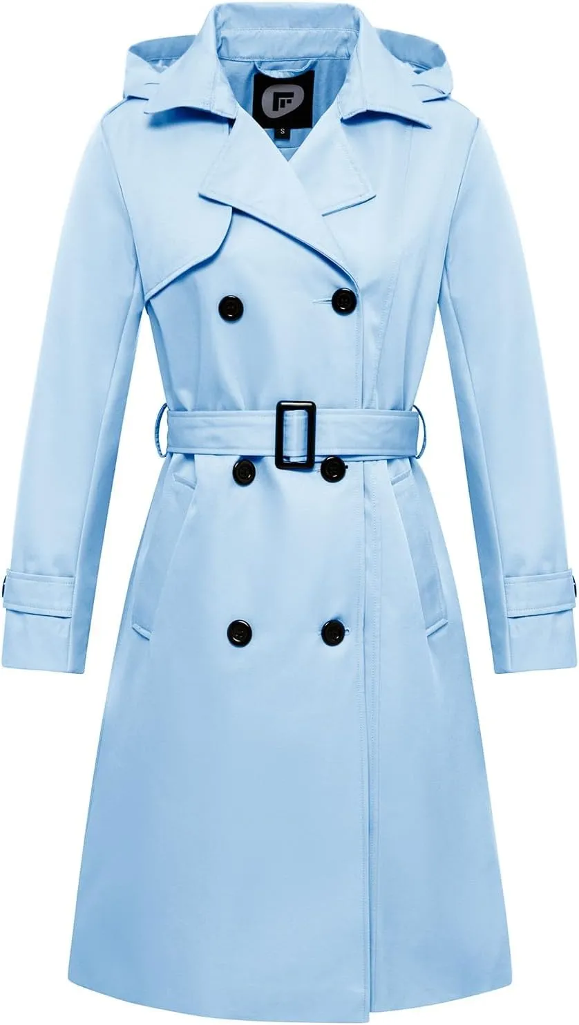 Garemcy Women's Long Waterproof Trench Coat Double Breasted Classic Lapel Coat Belted with Detachable Hood