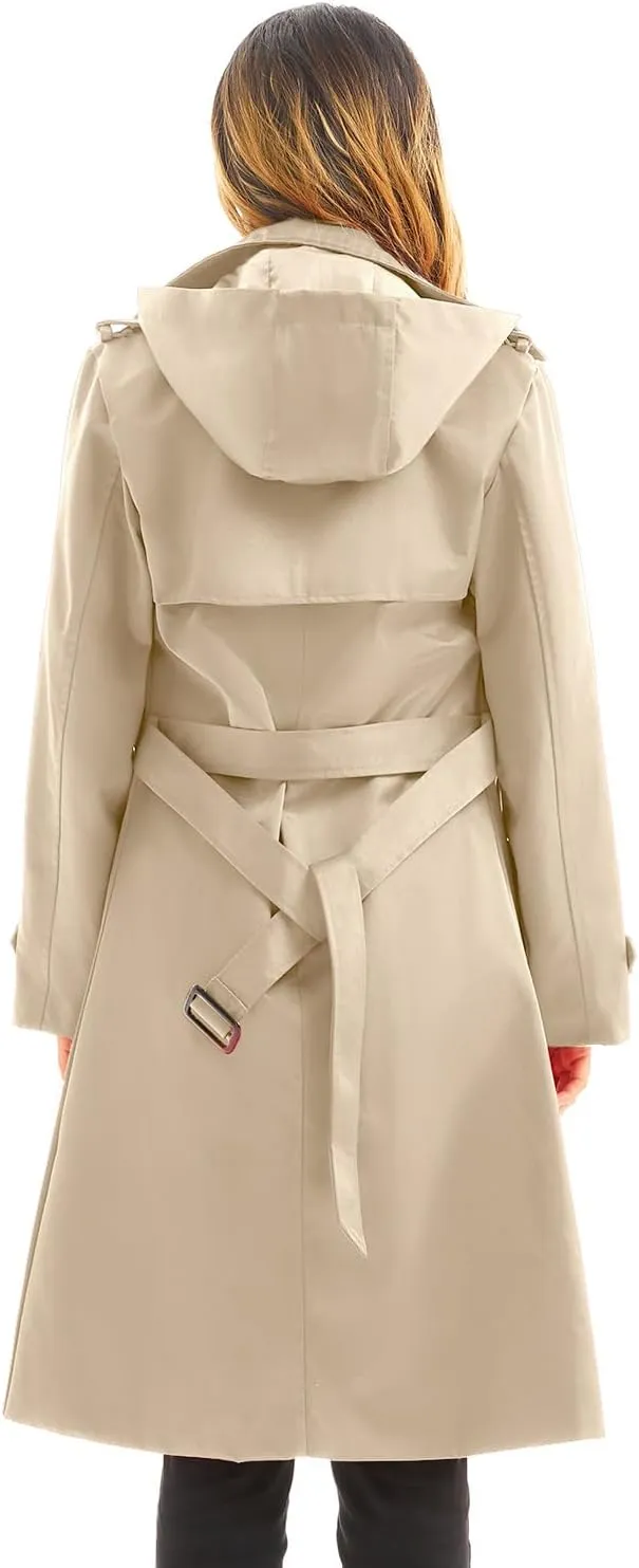 Garemcy Women's Long Waterproof Trench Coat Double Breasted Classic Lapel Coat Belted with Detachable Hood