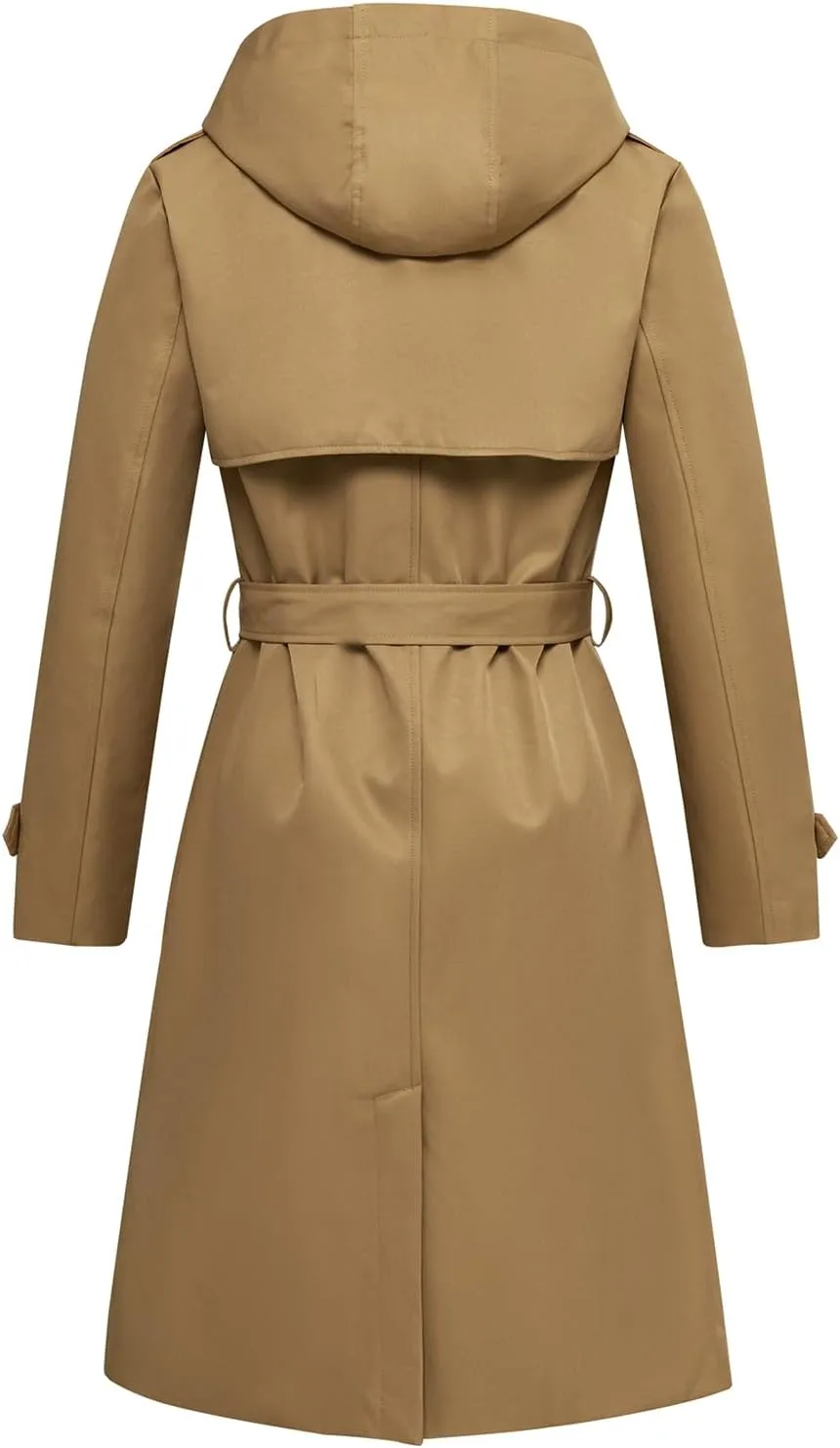 Garemcy Women's Long Waterproof Trench Coat Double Breasted Classic Lapel Coat Belted with Detachable Hood
