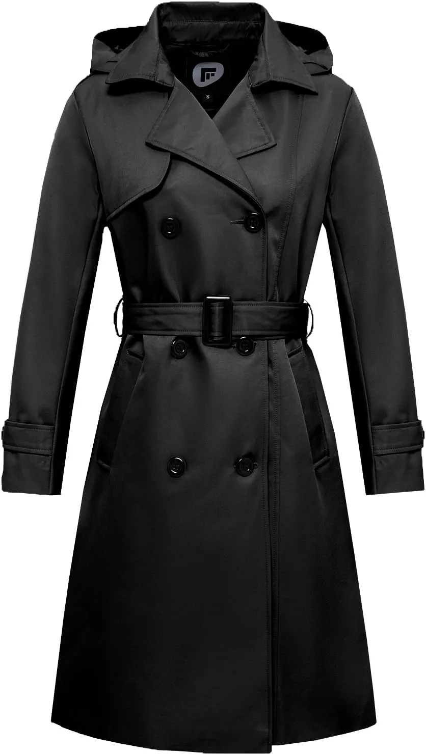 Garemcy Women's Long Waterproof Trench Coat Double Breasted Classic Lapel Coat Belted with Detachable Hood