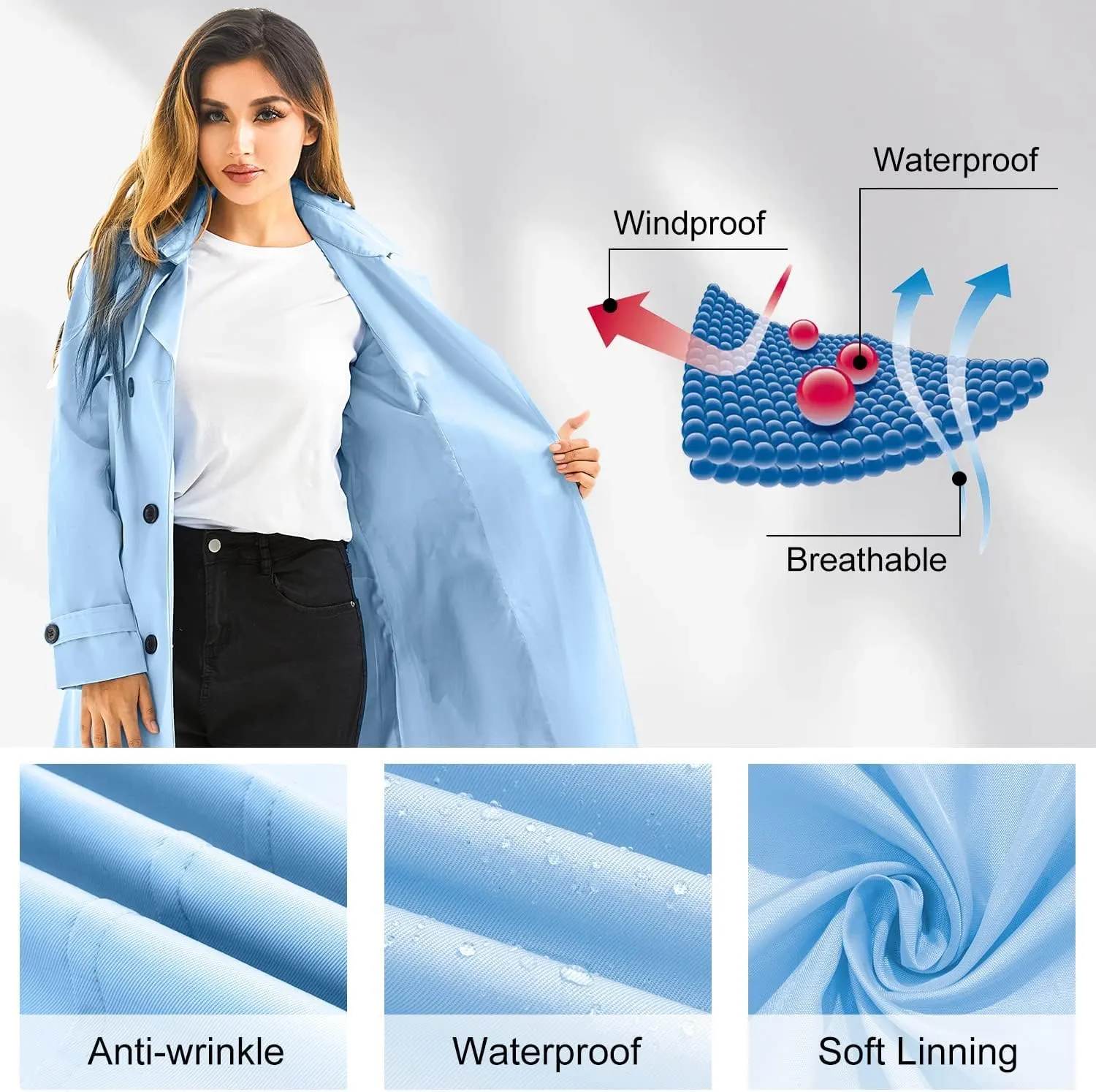 Garemcy Women's Long Waterproof Trench Coat Double Breasted Classic Lapel Coat Belted with Detachable Hood