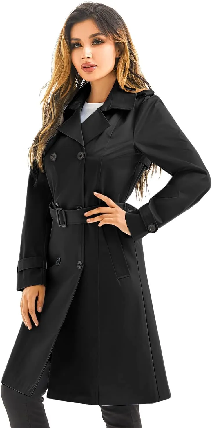 Garemcy Women's Long Waterproof Trench Coat Double Breasted Classic Lapel Coat Belted with Detachable Hood