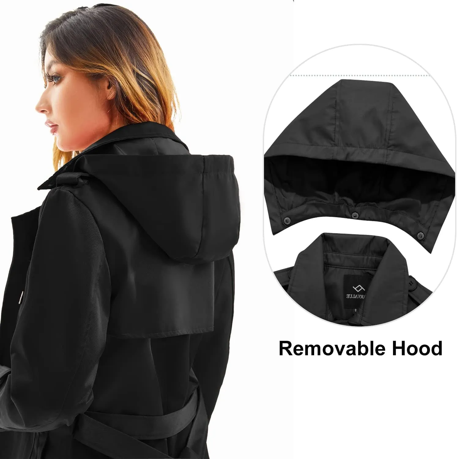 Garemcy Women's Long Waterproof Trench Coat Double Breasted Classic Lapel Coat Belted with Detachable Hood