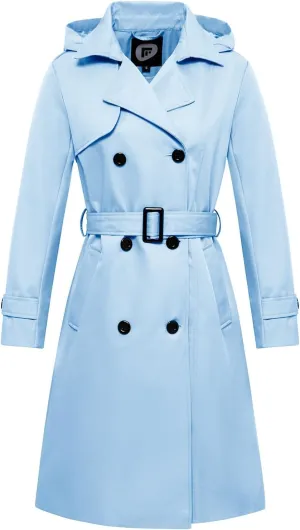 Garemcy Women's Long Waterproof Trench Coat Double Breasted Classic Lapel Coat Belted with Detachable Hood