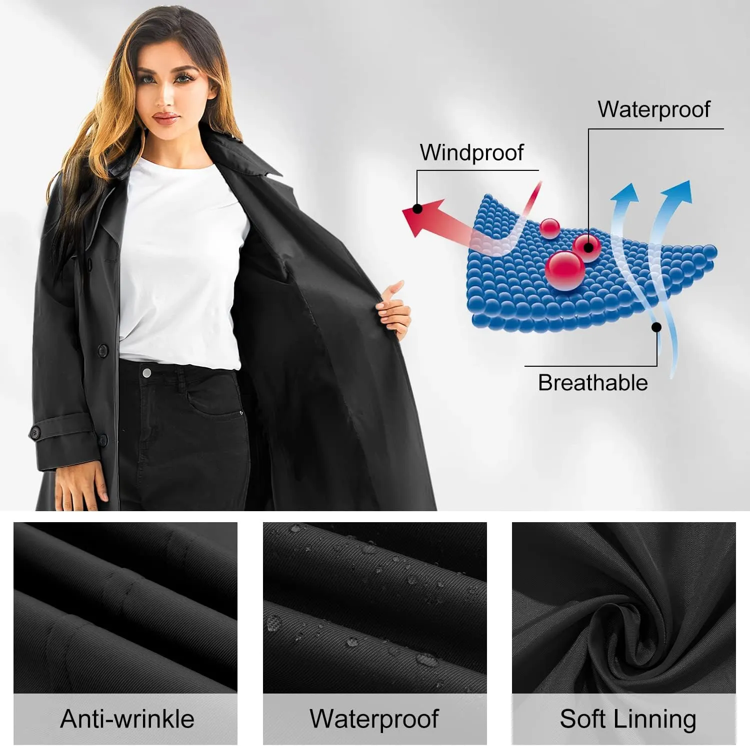 Garemcy Women's Long Waterproof Trench Coat Double Breasted Classic Lapel Coat Belted with Detachable Hood