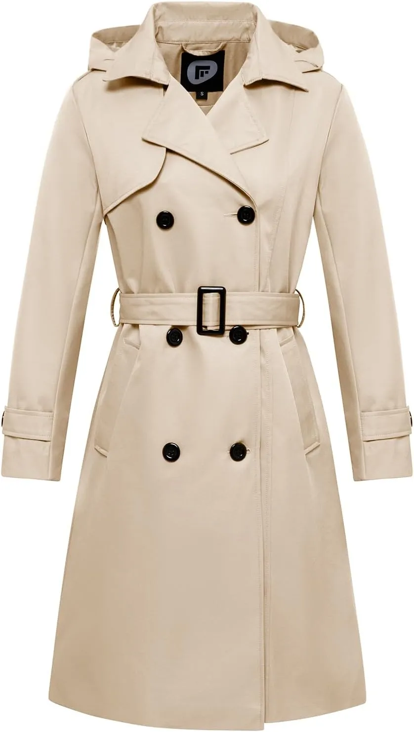 Garemcy Women's Long Waterproof Trench Coat Double Breasted Classic Lapel Coat Belted with Detachable Hood
