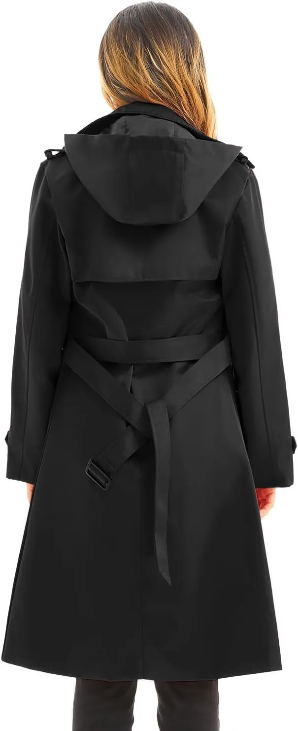 Garemcy Women's Long Waterproof Trench Coat Double Breasted Classic Lapel Coat Belted with Detachable Hood