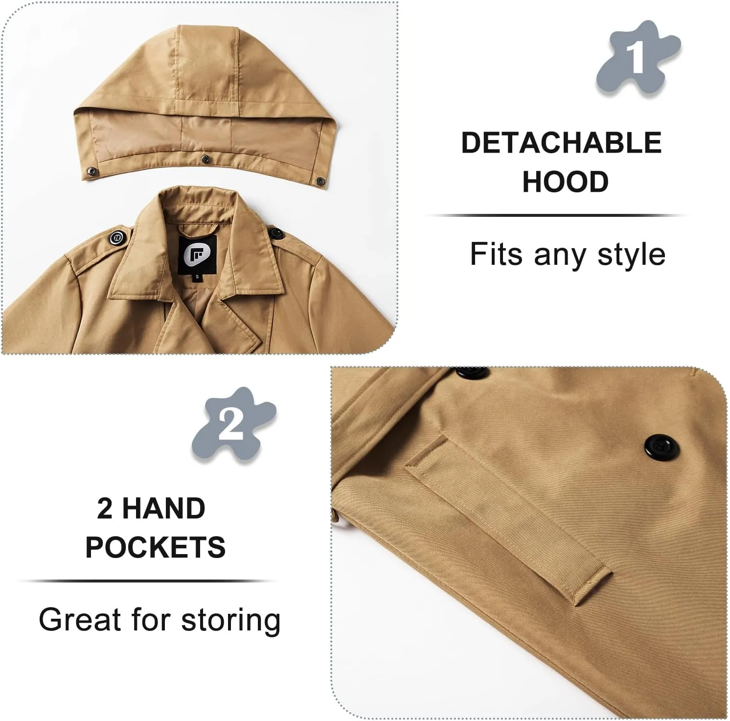 Garemcy Women's Long Waterproof Trench Coat Double Breasted Classic Lapel Coat Belted with Detachable Hood