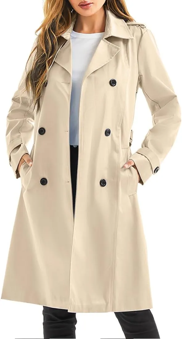 Garemcy Women's Long Waterproof Trench Coat Double Breasted Classic Lapel Coat Belted with Detachable Hood