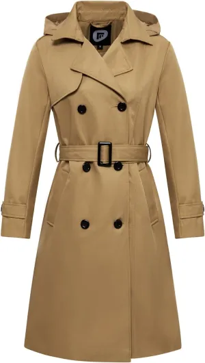 Garemcy Women's Long Waterproof Trench Coat Double Breasted Classic Lapel Coat Belted with Detachable Hood