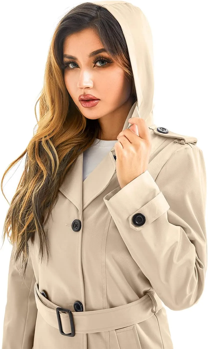 Garemcy Women's Long Waterproof Trench Coat Double Breasted Classic Lapel Coat Belted with Detachable Hood