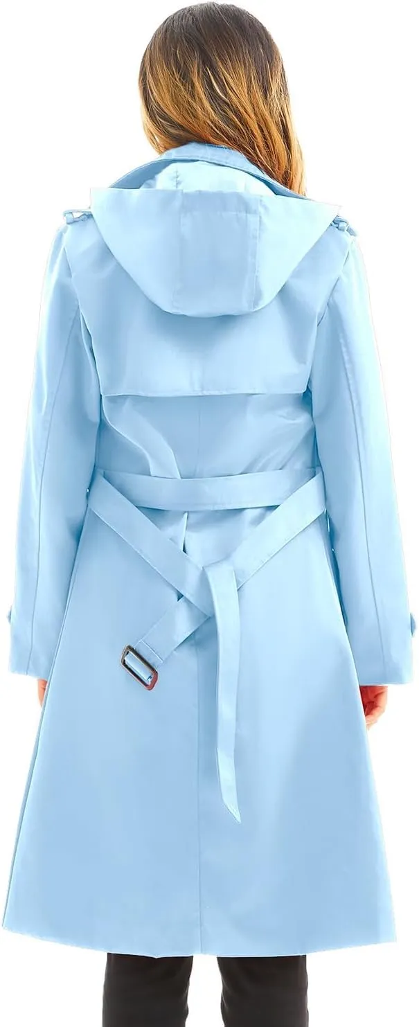 Garemcy Women's Long Waterproof Trench Coat Double Breasted Classic Lapel Coat Belted with Detachable Hood