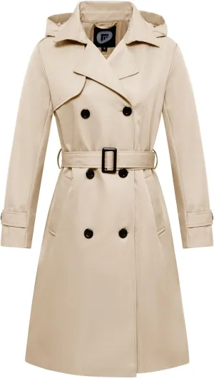 Garemcy Women's Long Waterproof Trench Coat Double Breasted Classic Lapel Coat Belted with Detachable Hood