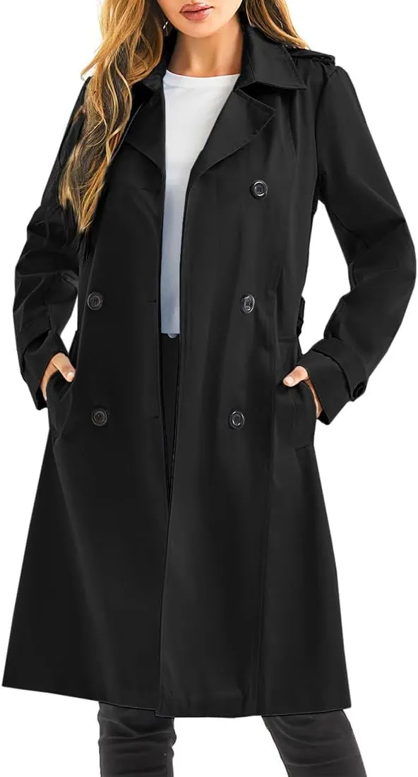 Garemcy Women's Long Waterproof Trench Coat Double Breasted Classic Lapel Coat Belted with Detachable Hood