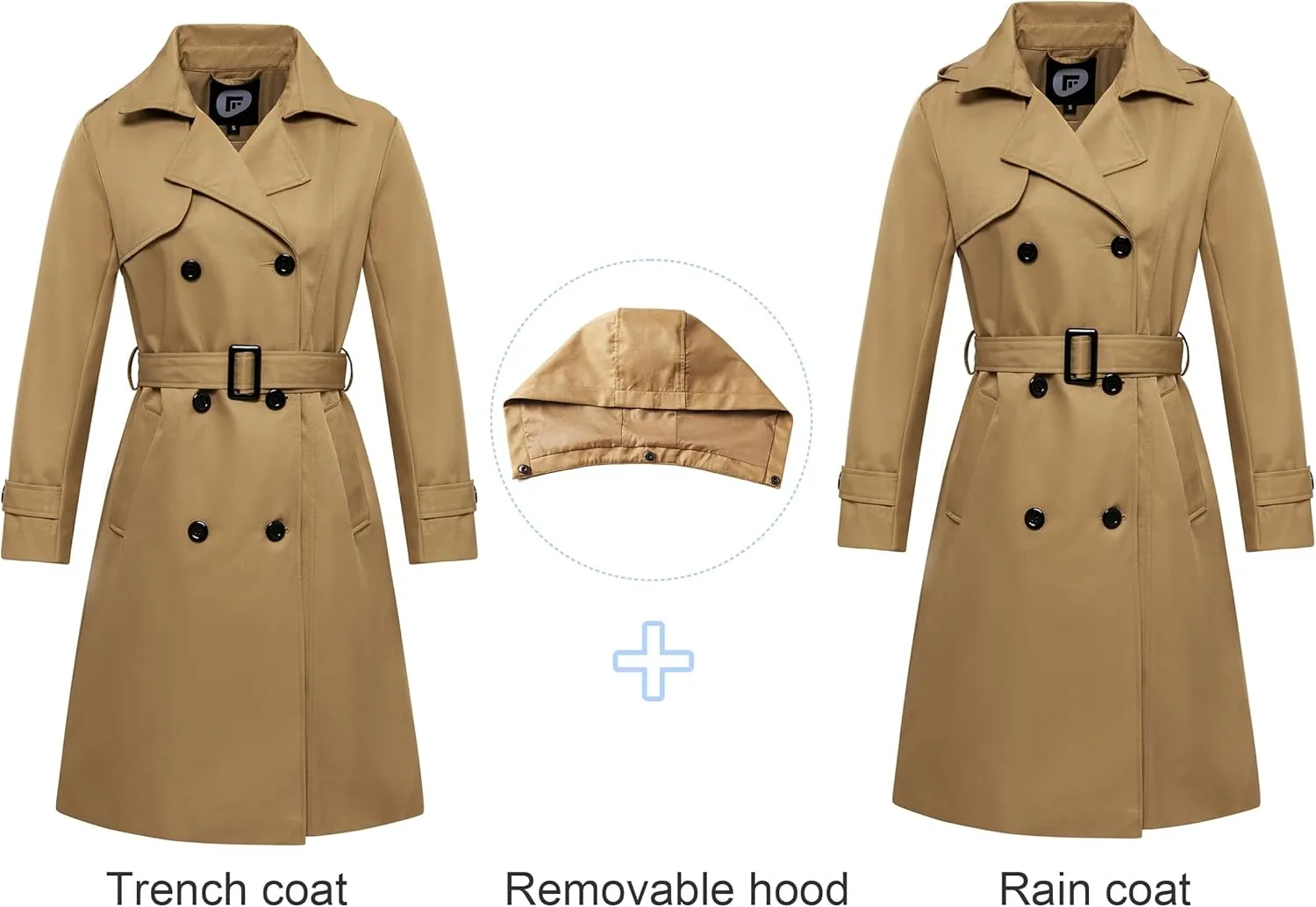 Garemcy Women's Long Waterproof Trench Coat Double Breasted Classic Lapel Coat Belted with Detachable Hood