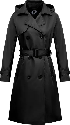Garemcy Women's Long Waterproof Trench Coat Double Breasted Classic Lapel Coat Belted with Detachable Hood