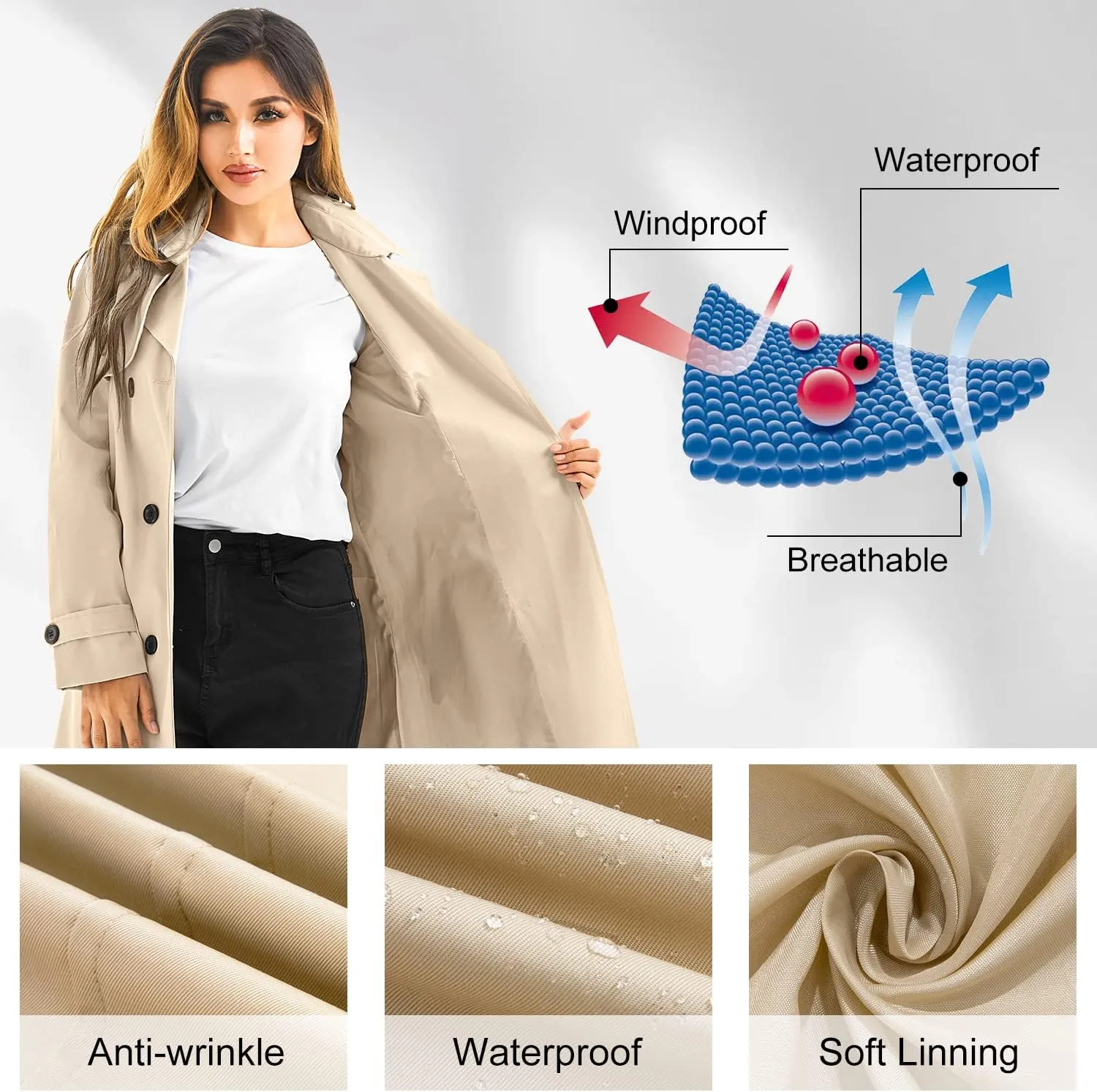 Garemcy Women's Long Waterproof Trench Coat Double Breasted Classic Lapel Coat Belted with Detachable Hood