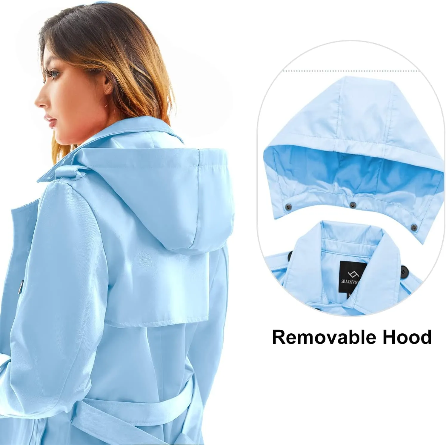 Garemcy Women's Long Waterproof Trench Coat Double Breasted Classic Lapel Coat Belted with Detachable Hood