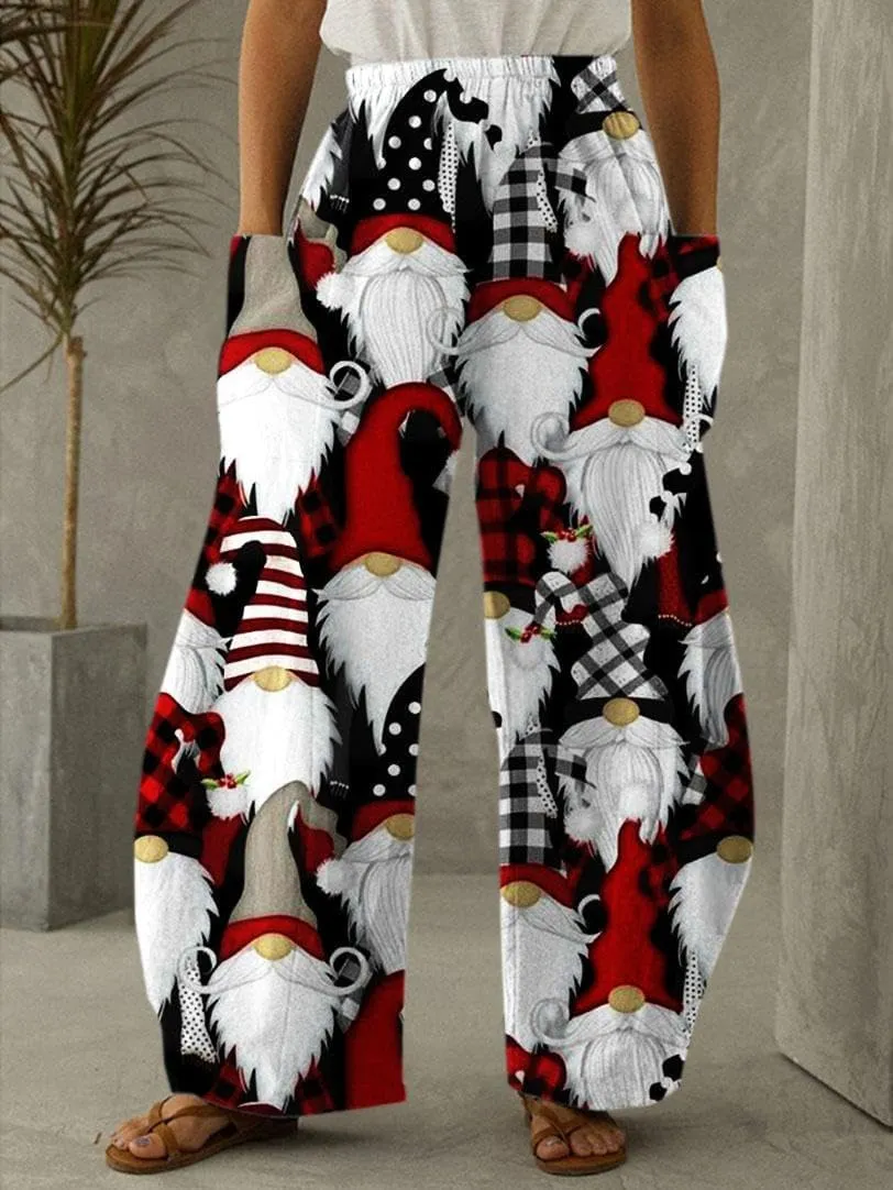Geleglaer Women's Merry Christmas High Elastic Waist Pants Snowman Graphic Printed Wide Leg Pants Long Trousers with Pockets
