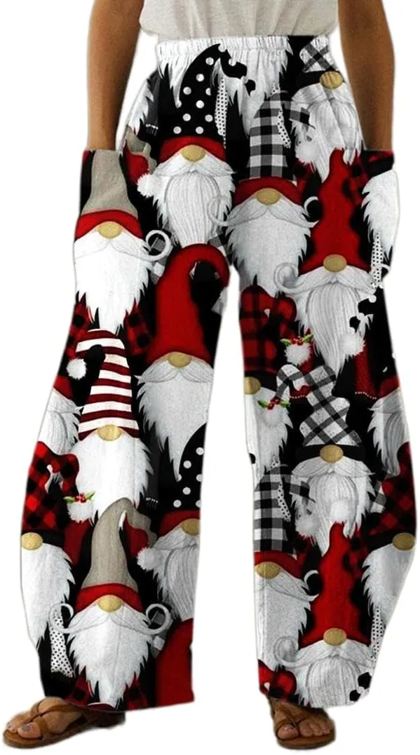 Geleglaer Women's Merry Christmas High Elastic Waist Pants Snowman Graphic Printed Wide Leg Pants Long Trousers with Pockets