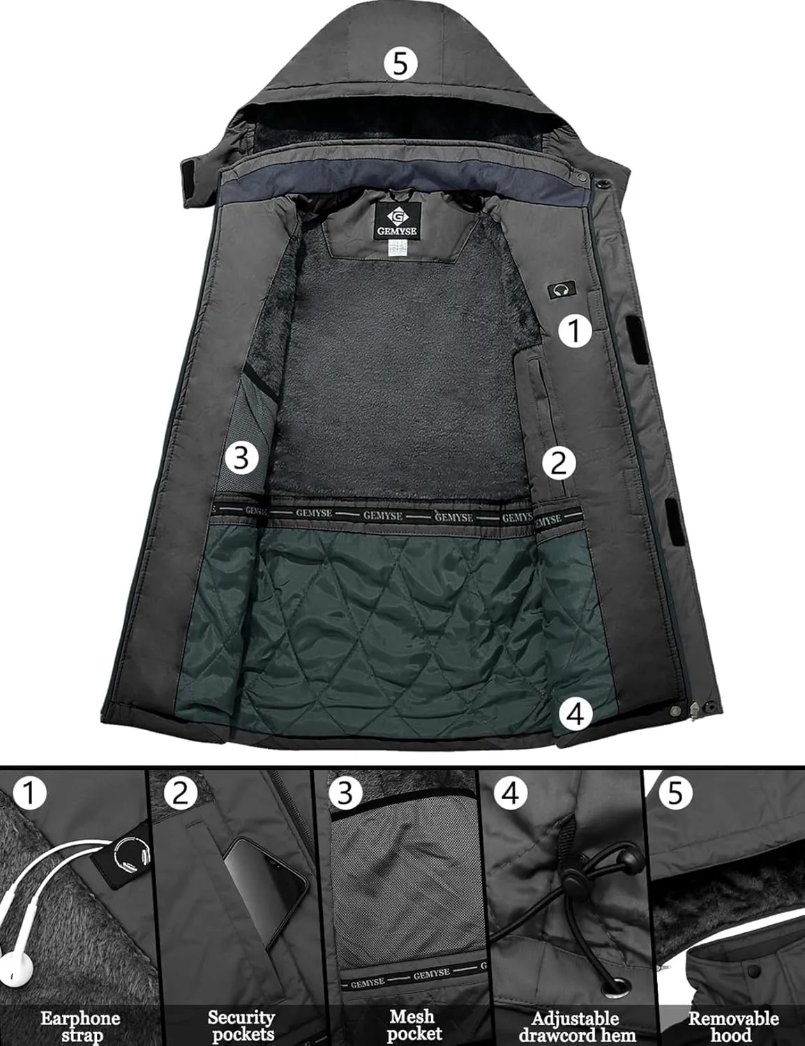 GEMYSE Men's Ski Snow Jacket Warm Winter Waterproof Coat Snowboard Rain Jacket Hooded Windproof Windbreaker