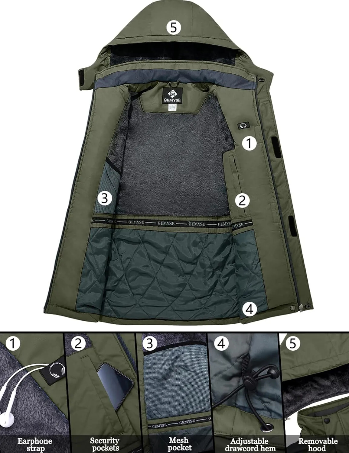 GEMYSE Men's Ski Snow Jacket Warm Winter Waterproof Coat Snowboard Rain Jacket Hooded Windproof Windbreaker