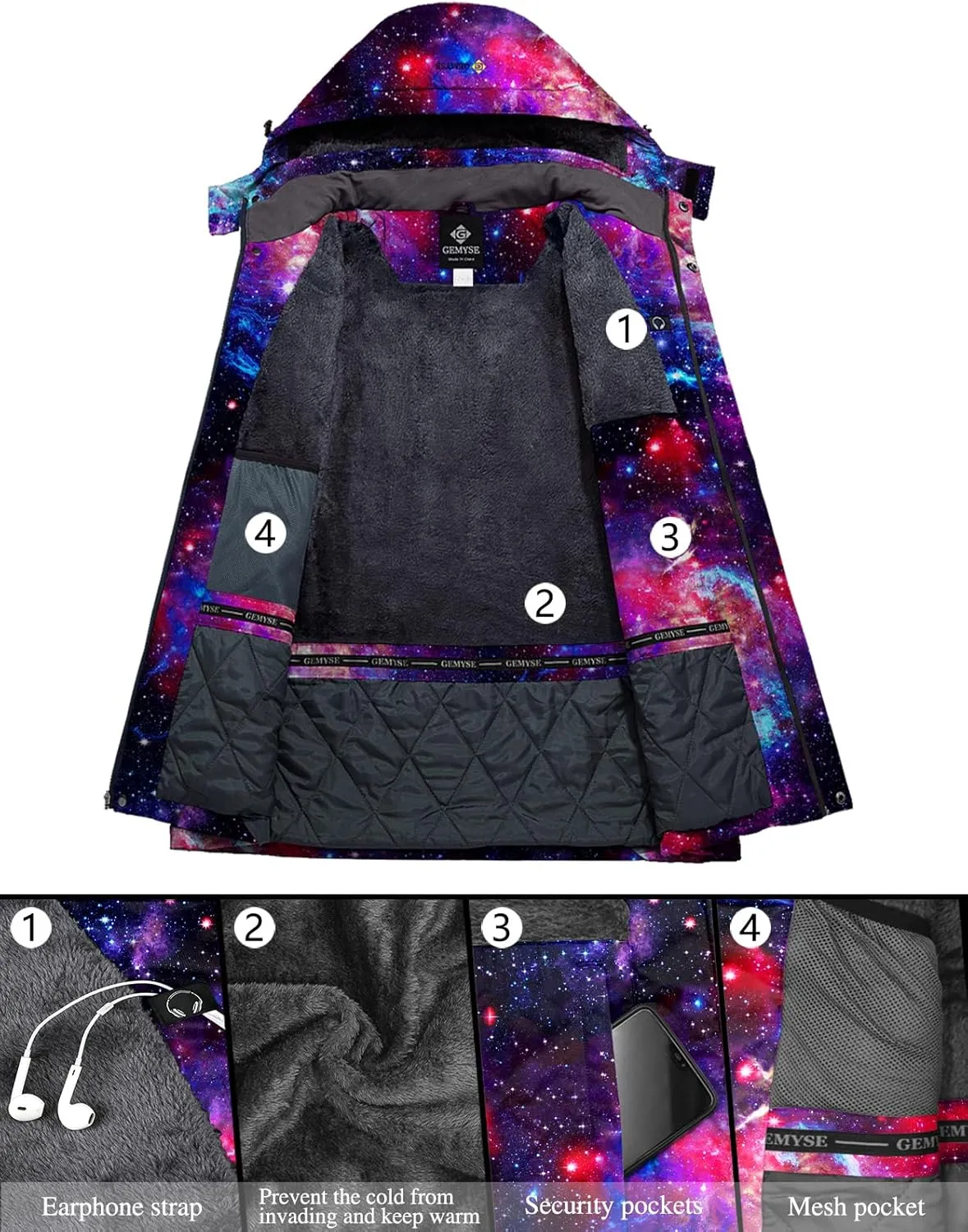 GEMYSE Women's Ski Snow Jacket Warm Winter Waterproof Coat Snowboard Rain Jacket Hooded Windproof Windbreaker