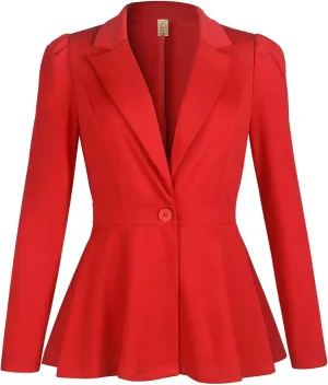 Genhoo Women's Business Casual Blazer Jackets Dressy Puff Sleeve Single Button Peplum Comfy Work Office Blazers