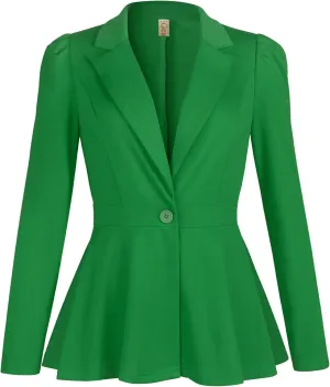 Genhoo Women's Business Casual Blazer Jackets Dressy Puff Sleeve Single Button Peplum Comfy Work Office Blazers