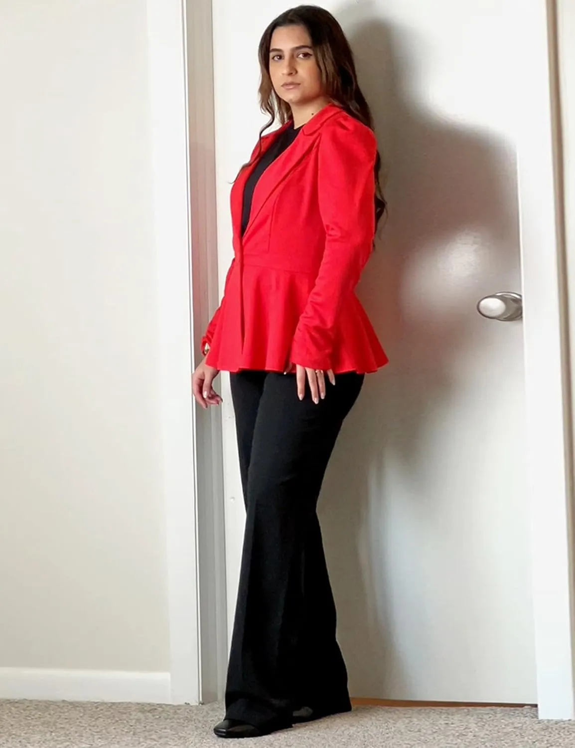 Genhoo Women's Business Casual Blazer Jackets Dressy Puff Sleeve Single Button Peplum Comfy Work Office Blazers