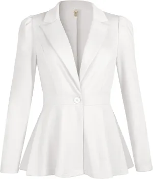 Genhoo Women's Business Casual Blazer Jackets Dressy Puff Sleeve Single Button Peplum Comfy Work Office Blazers